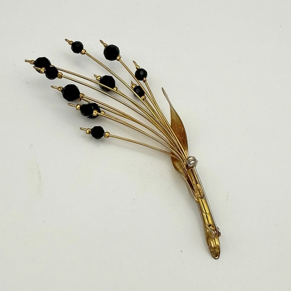 Vintage Gold Tone Spray Brooch Black Faceted Beads Floral Statement Pin